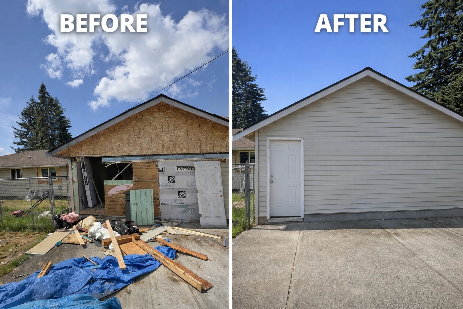 Garage before demolition cluttered with debris, and after: a clean rebuilt garage with new siding