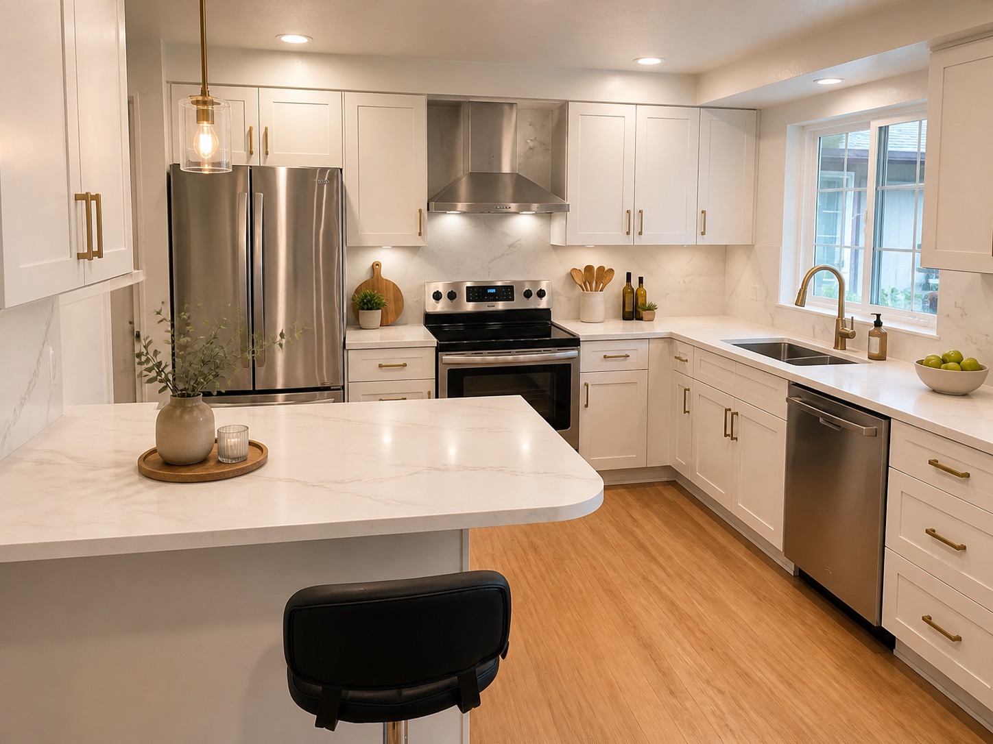 Bright remodeled kitchen with white cabinets, quartz counters, and stainless appliances