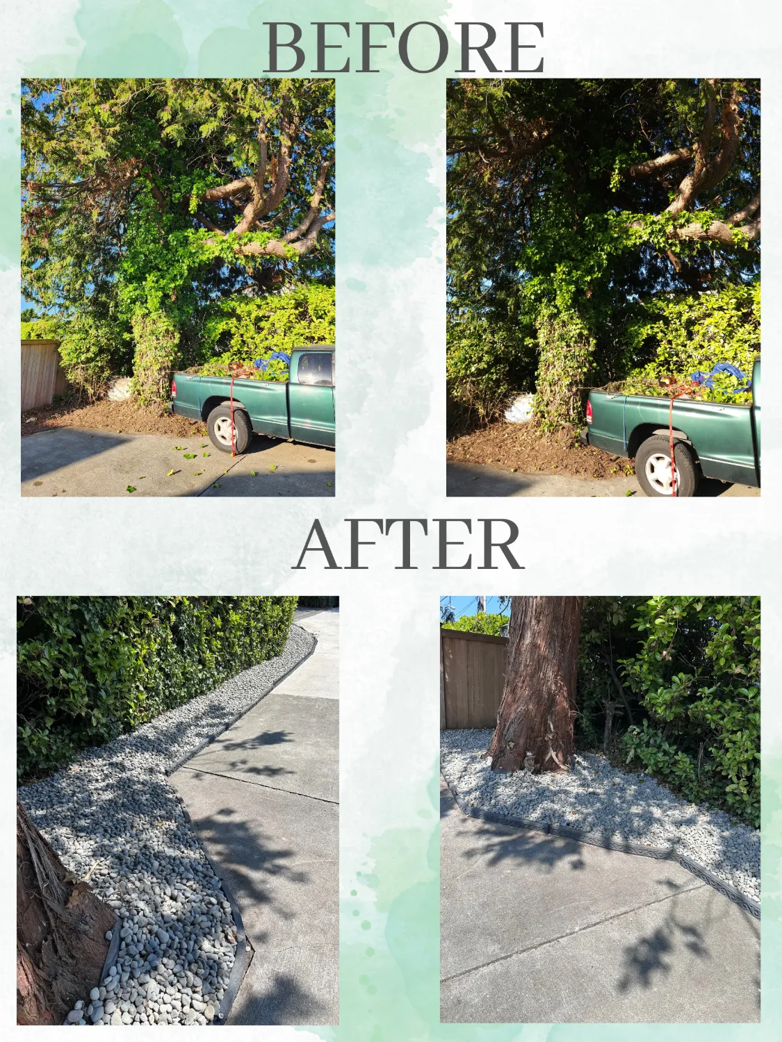 Before and after of overgrown brush cleared and replaced with clean gravel edging along a driveway