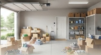 Garage full of boxes and items ready for a cleanout