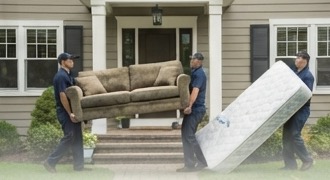 Crew carrying a couch and mattress out of a home
