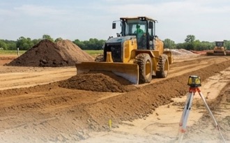 Bulldozer grading and leveling a large dirt lot