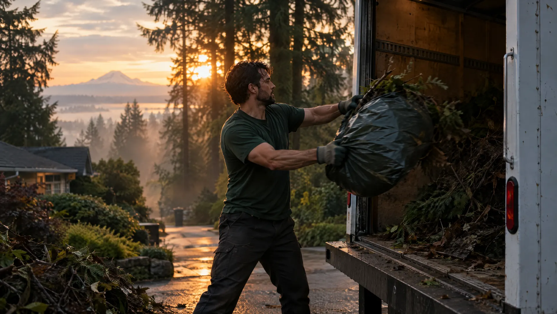 Loading a bag of debris into the truck at dusk