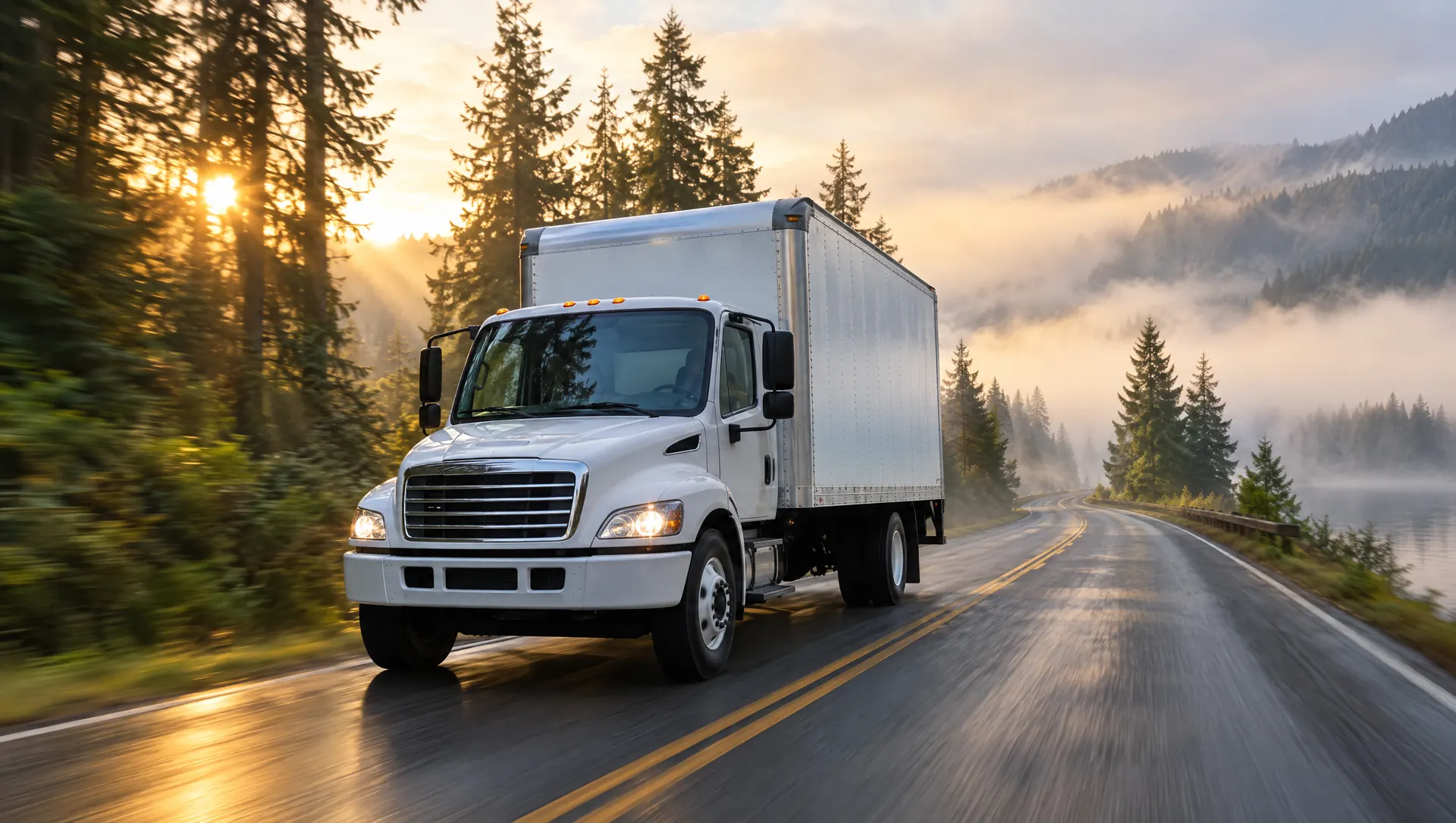 The PNW Move and Clear box truck on a misty evergreen road