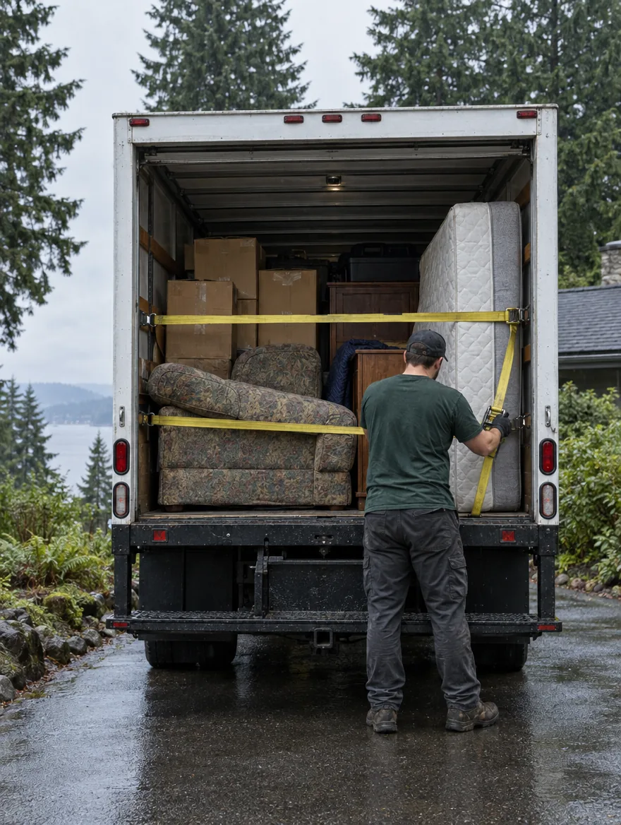 A PNW Move and Clear box truck loaded with a couch, boxes and a mattress, strapped down and ready to go