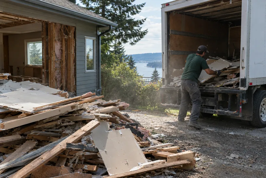 Pile of construction debris and drywall being loaded on a job site