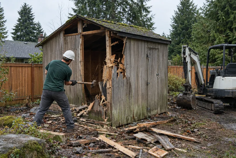Worker demolishing a small wooden shed with a mini excavator nearby