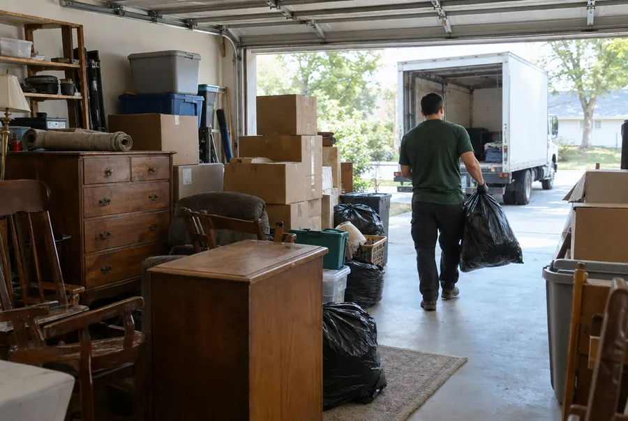 Garage full of boxes and items being cleared out