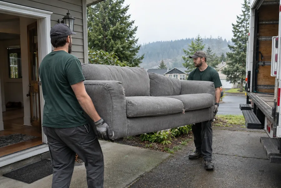 Two-person crew carrying an old couch to the truck