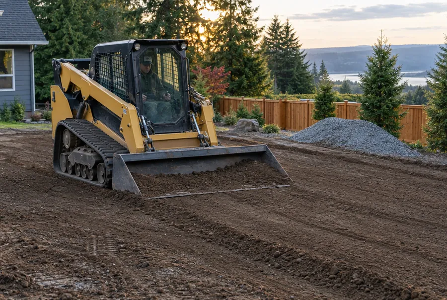Skid steer grading and leveling a dirt lot