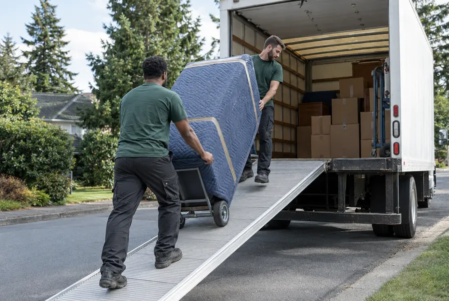 Two movers wheeling a blanket-wrapped appliance into the moving truck