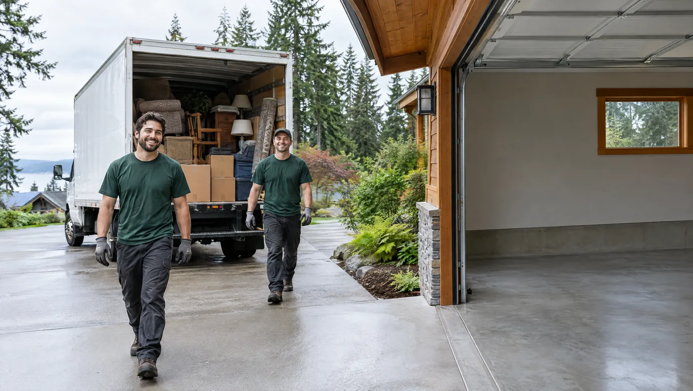 A freshly cleared garage with the loaded truck in the driveway