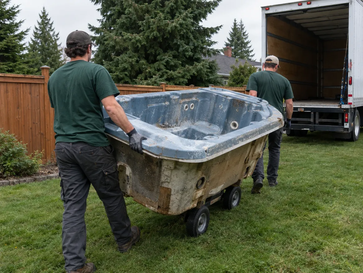 Crew wheeling an old hot tub shell toward the truck