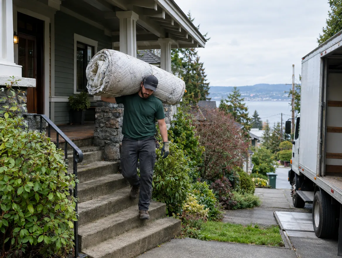 Carrying an old mattress down the front steps