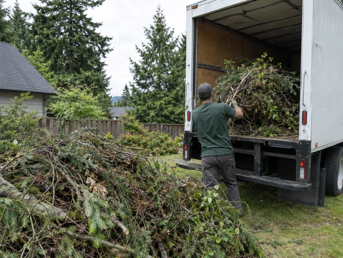 Loading a pile of yard waste and brush